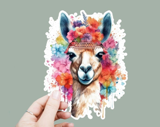 Floral Llama Vinyl Decal, Satin Finish Boho Animal Sticker, Laptop Sticker, Window Decal, Water Bottle Decal, 4 Sizes To Choose From