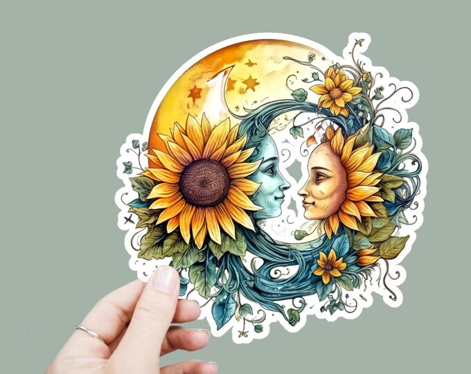 Celestial Vinyl Decal, Satin Finish Sticker, Sun Moon Flowers Laptop Sticker, Window Decal, Water Bottle Decal, 4 Sizes to Choose From
