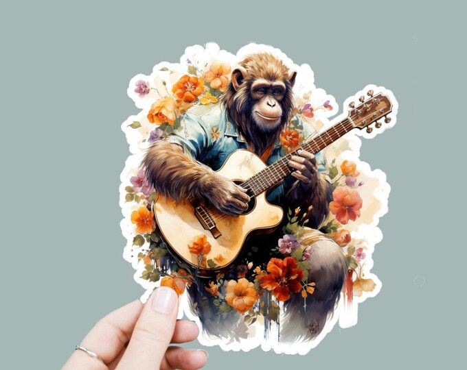 Watercolor Monkey Playing Guitar Decal, Satin Finish Sticker, Boho Hippie Sticker Laptop Sticker, Window Decal, Water Bottle Decal, 4 Sizes