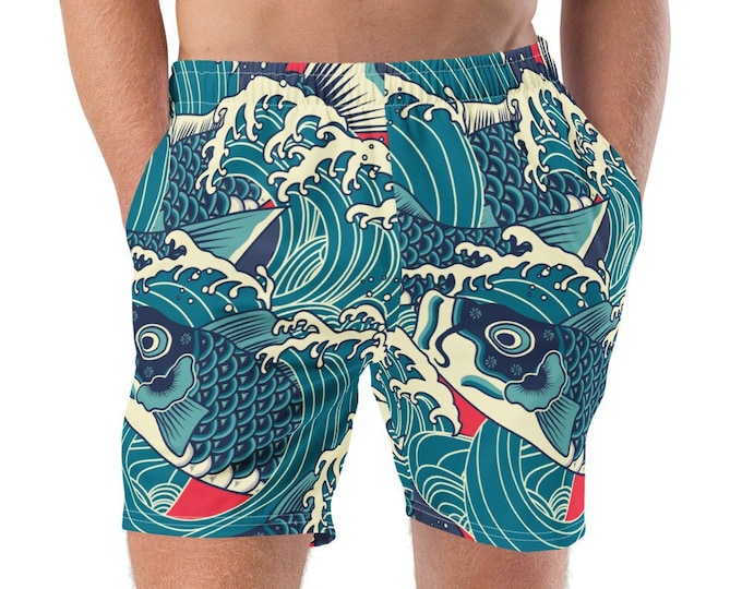 Eco-Friendly Recycled Polyester Men's Swim Trunks, 2XS-6XL, Mesh Lined Japanese Koi Fish Swim Trunks, Men's Swimwear, Mens Beach Swim Shorts