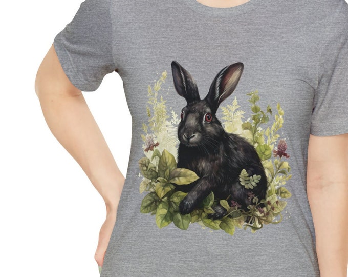 Unisex Jersey Short Sleeve Tee, Boho Hippie Floral Black Bunny T Shirt, Bohemian Apparel, Unisex Bella Canvas 3001 Cotton Tee, S-3XL Sizes