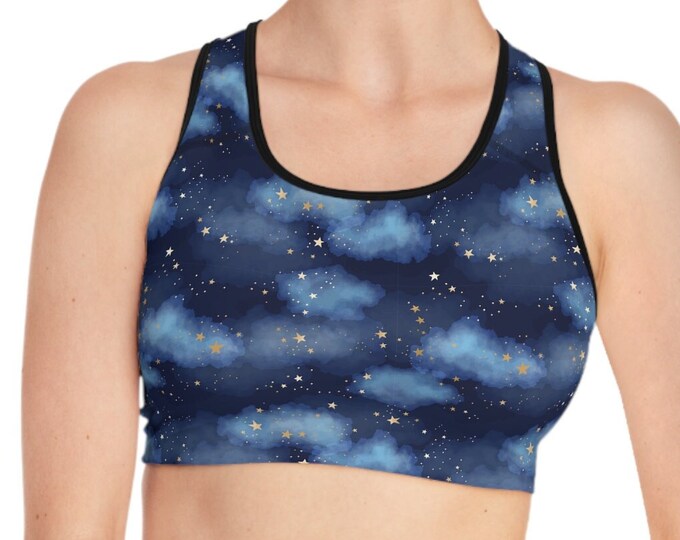 Compression Fit Sports Bra, Sizes S-2XL, Boho Celestial Stars Print Womens Sports Bra, Moisture Wicking Sports Bra, Athletic Clothing