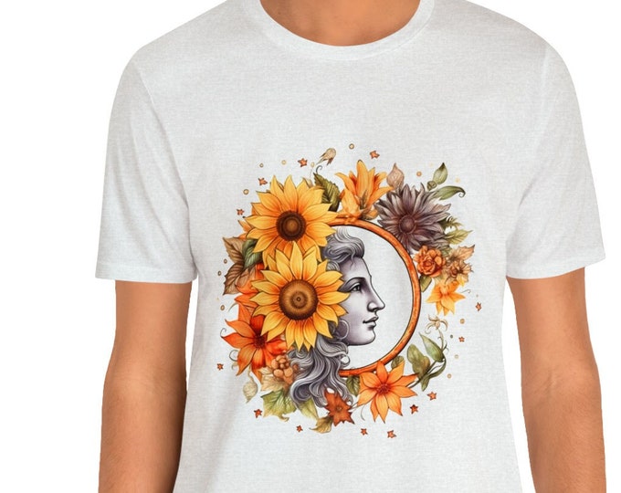 Unisex Jersey Short Sleeve Tee, Boho Celestial Sun Moon Floral T Shirt, Bohemian Apparel, Unisex Bella Canvas 3001 Cotton Tee, S-3XL Sizes