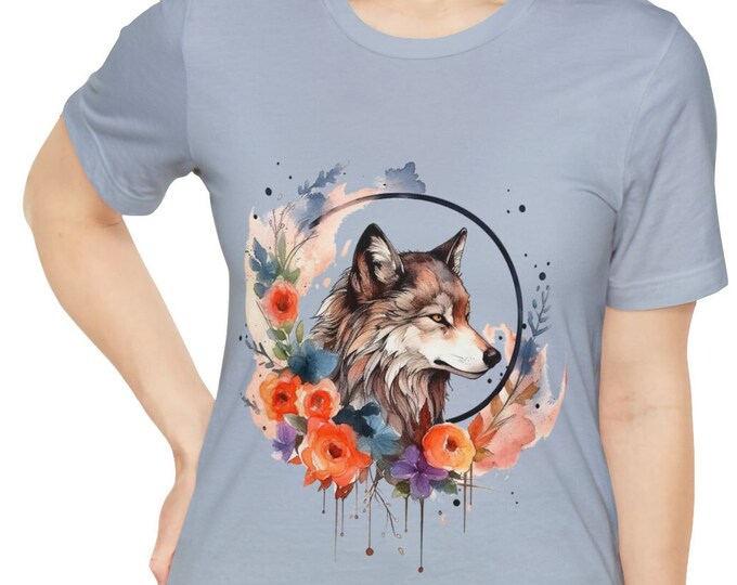 Unisex Jersey Short Sleeve Tee, Boho Hippie Floral Wolf T Shirt, Bohemian Apparel, Unisex Bella Canvas 3001 Cotton Tee, S-3XL, Wolf Shirt