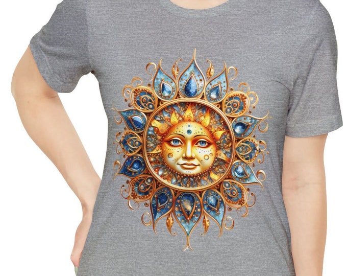 Unisex Jersey Short Sleeve Tee, Boho Celestial Sun Moon Tee Shirt, Bohemian Apparel, Unisex Cotton Tee, S-3XL Sizes, Celestial Shirt