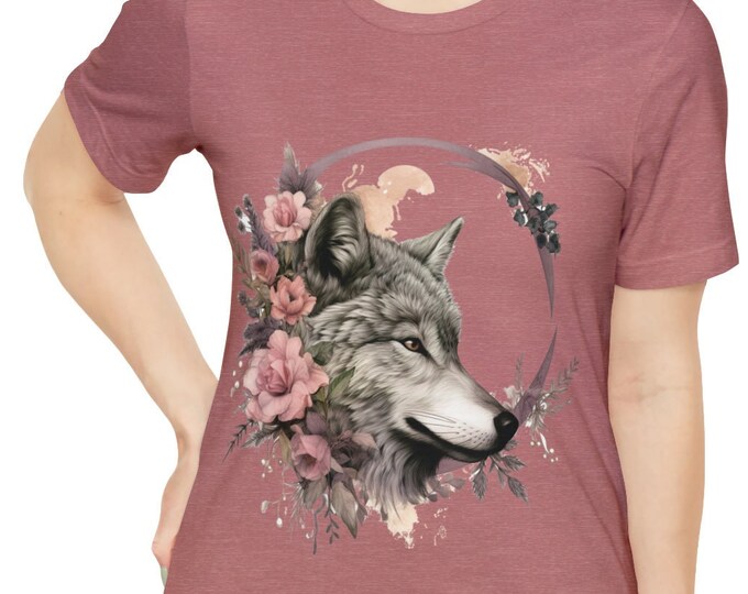 Unisex Jersey Short Sleeve Tee, Boho Hippie Floral Wolf T Shirt, Bohemian Apparel, Unisex Bella Canvas 3001 Cotton Tee, S-3XL, Wolf Shirt