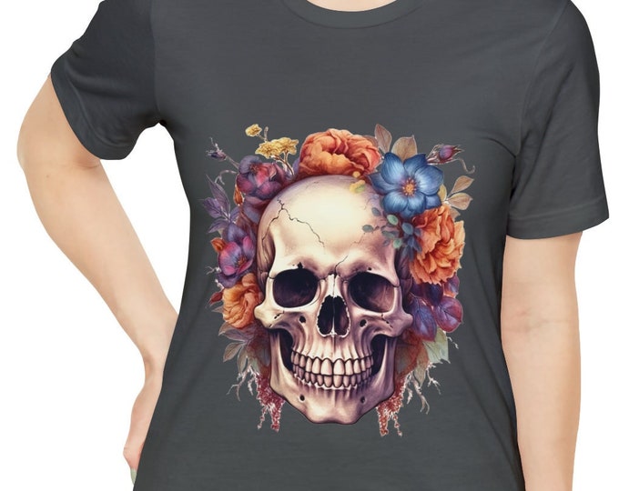 Unisex Jersey Short Sleeve Tee, Boho Hippie Floral Skull T Shirt, Bohemian Apparel, Unisex Bella Canvas 3001 Cotton Tee, S-3XL Sizes