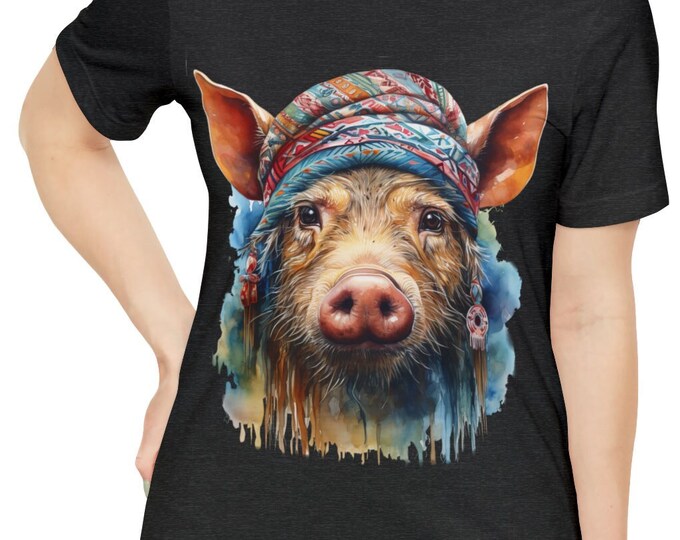 Unisex Jersey Short Sleeve Tee, Boho Hippie Pig Hog Tee Shirt, Bohemian Apparel, Unisex Cotton Tee, S-3XL Sizes, Animal Shirt