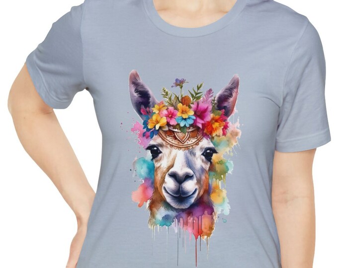 Unisex Jersey Short Sleeve Tee, Boho Hippie Floral Llama T Shirt, Bohemian Apparel, Unisex Bella Canvas 3001 Cotton Tee, S-3XL Sizes