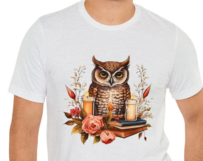 Unisex Jersey Short Sleeve Tee, Boho Hippie Owl Books Floral T Shirt, Bohemian Apparel, Unisex Bella Canvas 3001 Cotton Tee, S-3XL Sizes