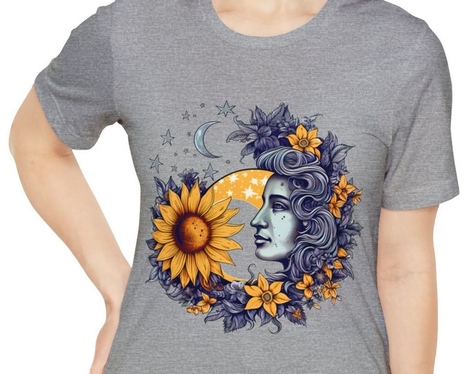 Unisex Jersey Short Sleeve Tee, Boho Celestial Sun Moon Floral T Shirt, Bohemian Apparel, Unisex Bella Canvas 3001 Cotton Tee, S-3XL Sizes