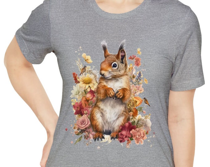 Unisex Jersey Short Sleeve Tee, Boho Hippie Cut Squirrel Floral T Shirt, Bohemian Apparel, Unisex Bella Canvas 3001 Cotton Tee, S-3XL Sizes