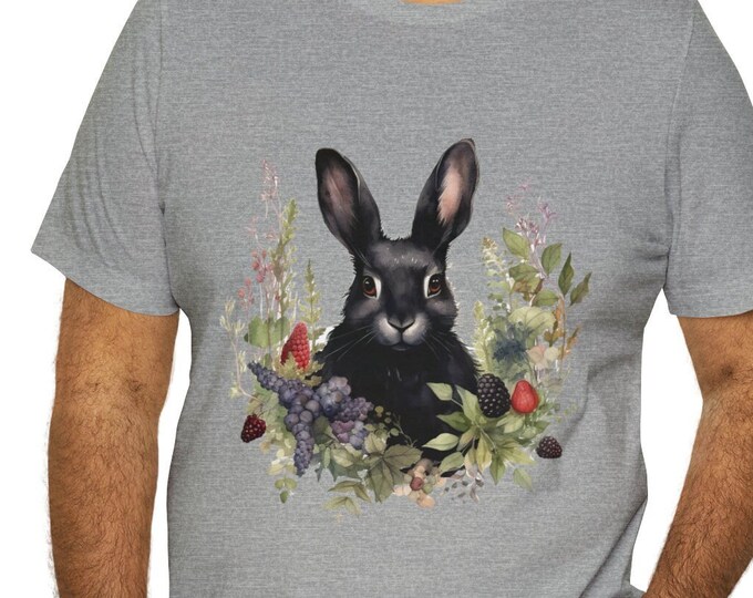 Unisex Jersey Short Sleeve Tee, Boho Hippie Floral Black Bunny T Shirt, Bohemian Apparel, Unisex Bella Canvas 3001 Cotton Tee, S-3XL Sizes