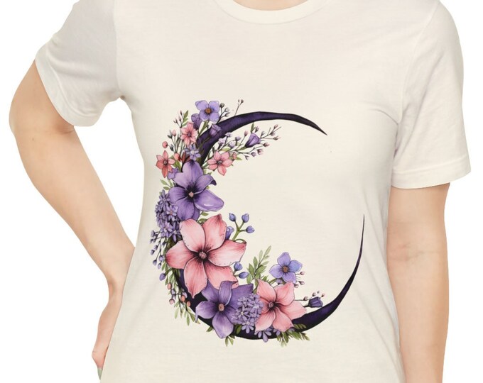 Unisex Jersey Short Sleeve Tee, Boho Hippie Crescent Moon Floral T Shirt, Bohemian Apparel, Unisex Bella Canvas 3001 Cotton Tee, S-3XL Sizes