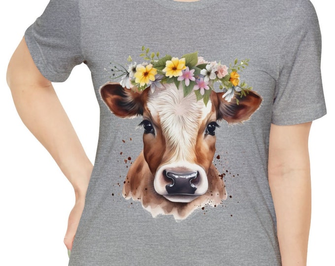 Unisex Jersey Short Sleeve Tee, Boho Hippie Baby Cow Floral T Shirt, Bohemian Apparel, Unisex Bella Canvas 3001 Cotton Tee, S-3XL Sizes
