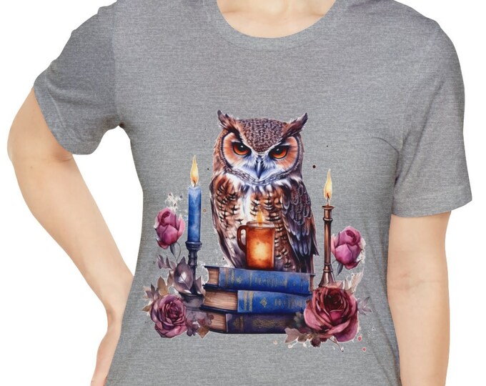 Unisex Jersey Short Sleeve Tee, Boho Hippie Books Owl Floral T Shirt, Bohemian Apparel, Unisex Bella Canvas 3001 Cotton Tee, S-3XL Sizes