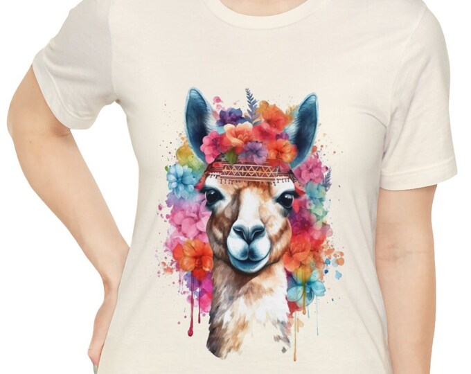 Unisex Jersey Short Sleeve Tee, Boho Hippie Llama Floral T Shirt, Bohemian Apparel, Unisex Bella Canvas 3001 Cotton Tee, S-3XL Sizes