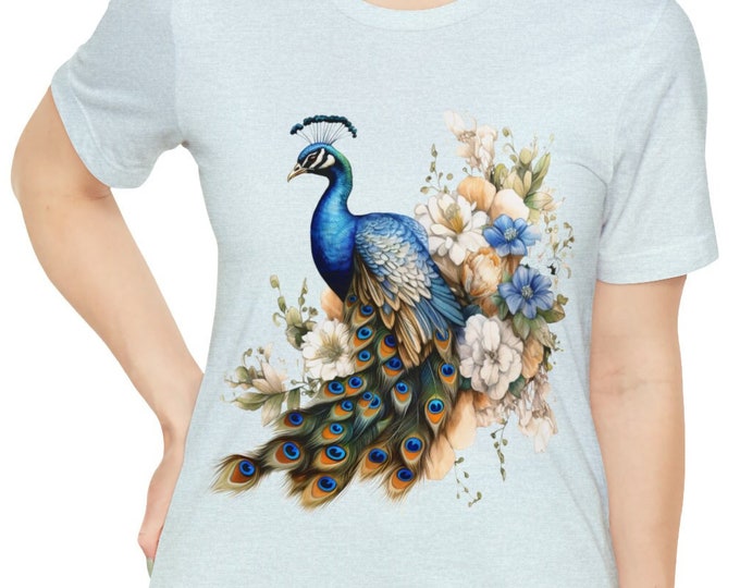 Unisex Jersey Short Sleeve Tee, Boho Hippie Floral Peacock T Shirt, Bohemian Apparel, Unisex Bella Canvas 3001 Cotton Tee, S-3XL Sizes