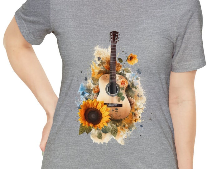 Unisex Jersey Short Sleeve Tee, Boho Hippie Floral Guitar T Shirt, Bohemian Apparel, Unisex Bella Canvas 3001 Cotton Tee, S-3XL, Guitar Tee