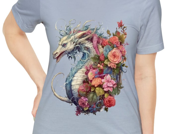 Unisex Jersey Short Sleeve Tee, Boho Hippie Witchy Floral Dragon T Shirt, Bohemian Apparel, Unisex Bella Canvas 3001 Cotton Tee, S-3XL