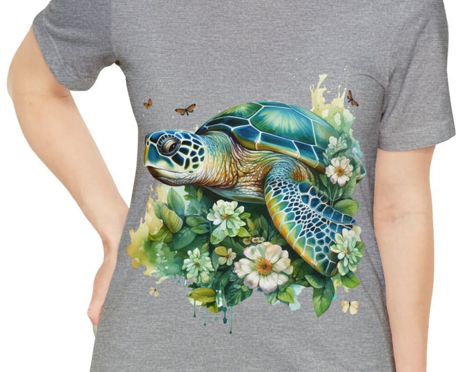 Unisex Jersey Short Sleeve Tee, Boho Tropical Sea Turtle Tee Shirt, Bohemian Apparel, Unisex Cotton Tee, S-3XL Sizes, Ocean Turtle Shirt