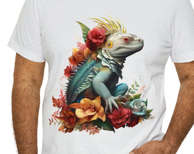 Unisex Jersey Short Sleeve Tee, Boho Hippie Floral Iguana T Shirt, Bohemian Apparel, Unisex Bella Canvas 3001 Cotton Tee, S-3XL Size