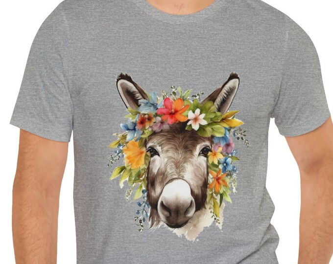 Unisex Jersey Short Sleeve Tee, Boho Hippie Farm Donkey Floral T Shirt, Bohemian Apparel, Unisex Bella Canvas 3001 Cotton Tee, S-3XL Sizes