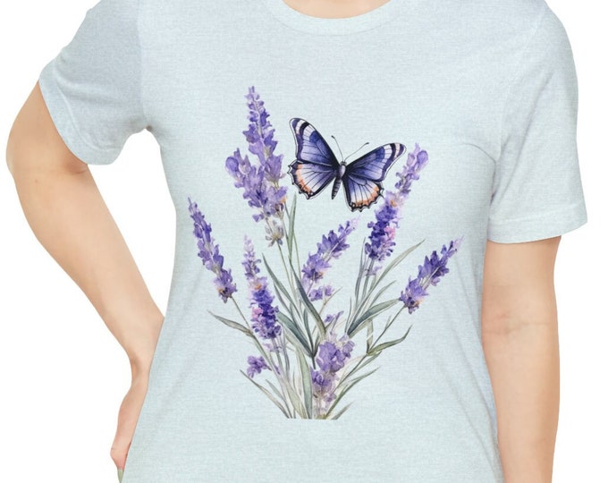 Unisex Jersey Short Sleeve Tee, Boho Hippie Lavender Butterfly T Shirt, Bohemian Apparel, Unisex Bella Canvas 3001 Cotton Tee, S-3XL Sizes