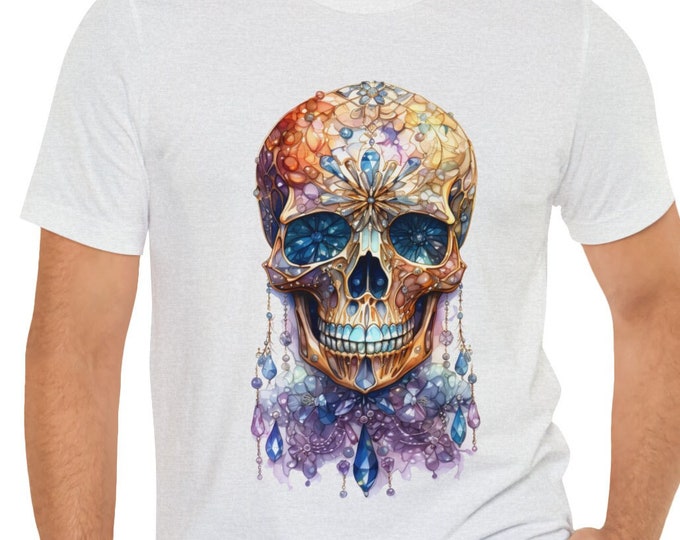 Unisex Jersey Short Sleeve Tee, Boho Bejeweled Skull Tee Shirt, Bohemian Apparel, Unisex Cotton Tee, S-3XL Sizes, Skull Shirt