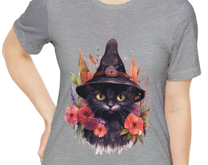 Unisex Jersey Short Sleeve Tee, Boho Hippie Witchy Black Cat T Shirt, Bohemian Apparel, Unisex Bella Canvas 3001 Cotton Tee, S-3XL SXL Sizes