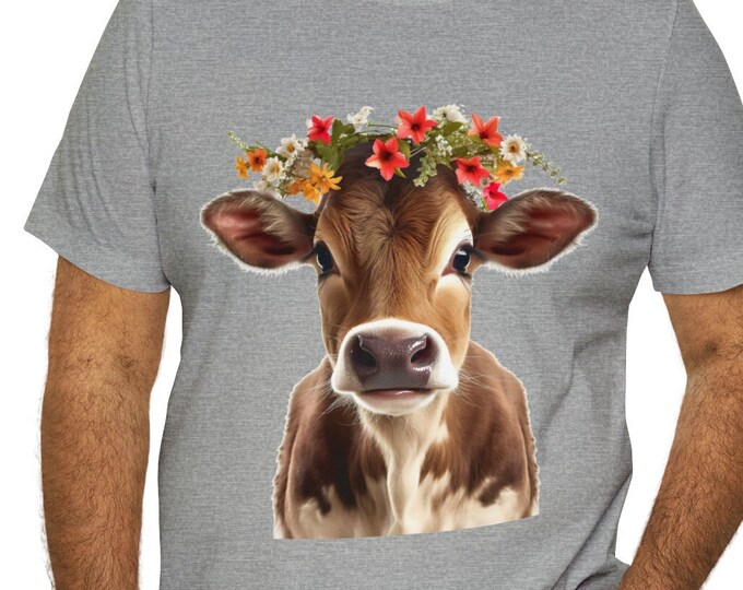 Unisex Jersey Short Sleeve Tee, Boho Hippie Baby Cow Floral T Shirt, Bohemian Apparel, Unisex Bella Canvas 3001 Cotton Tee, S-3XL Sizes