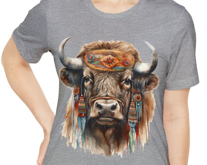 Unisex Jersey Short Sleeve Tee, Boho Hippie Buffalo Bison Tee Shirt, Bohemian Apparel, Unisex Cotton Tee, S-3XL Sizes, Animal Shirt