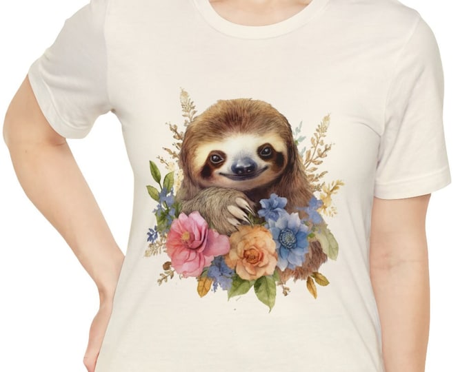 Unisex Jersey Short Sleeve Tee, Boho Hippie Cute Sloth Floral T Shirt, Bohemian Apparel, Unisex Bella Canvas 3001 Cotton Tee, S-3XL Sizes