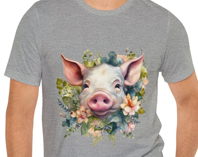 Unisex Jersey Short Sleeve Tee, Boho Hippie Floral Pig Hog T Shirt, Bohemian Apparel, Unisex Bella Canvas 3001 Cotton Tee, S-3XL Sizes