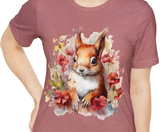 Unisex Jersey Short Sleeve Tee, Boho Floral Squirrel Tee Shirt, Bohemian Apparel, Unisex Cotton Tee, S-3XL Sizes, Flowers Squirrel Shirt