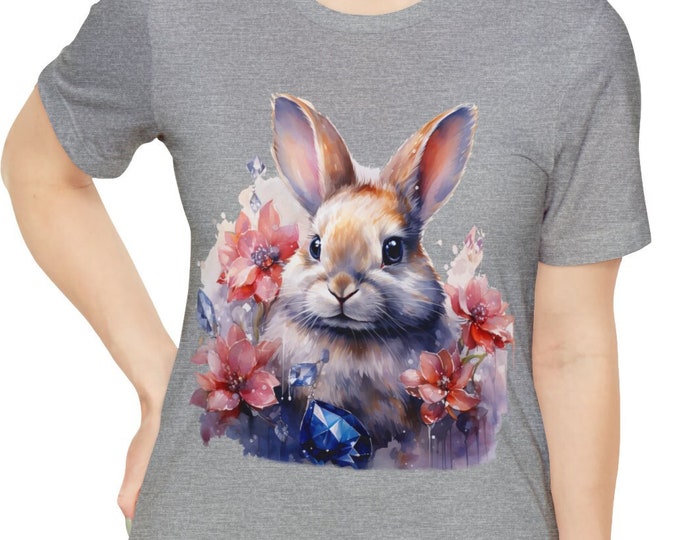 Unisex Jersey Short Sleeve Tee, Boho Floral Bunny Tee Shirt, Bohemian Apparel, Unisex Cotton Tee, S-3XL Sizes, Bejeweled Rabbit Shirt