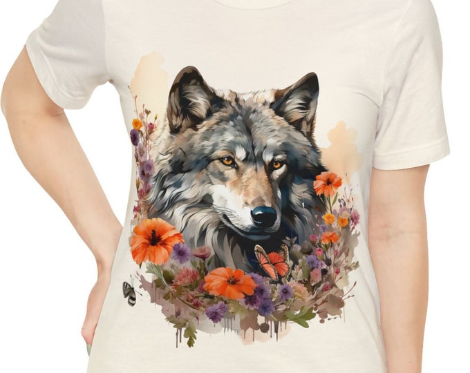 Unisex Jersey Short Sleeve Tee, Boho Floral Grey Wolf Tee Shirt, Bohemian Apparel, Unisex Cotton Tee, S-3XL Sizes, Floral Wolf Shirt