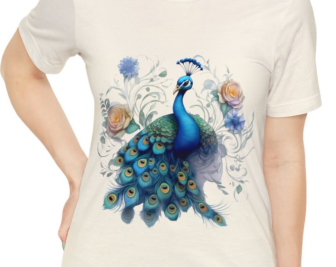 Unisex Jersey Short Sleeve Tee, Boho Hippie Floral Peacock T Shirt, Bohemian Apparel, Unisex Bella Canvas 3001 Cotton Tee, S-3XL Sizes