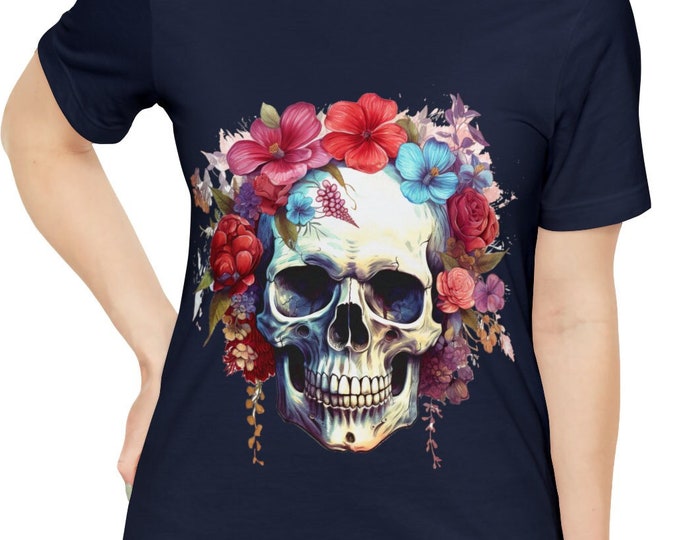 Unisex Jersey Short Sleeve Tee, Boho Hippie Floral Skull T Shirt, Bohemian Apparel, Unisex Bella Canvas 3001 Cotton Tee, S-3XL Sizes