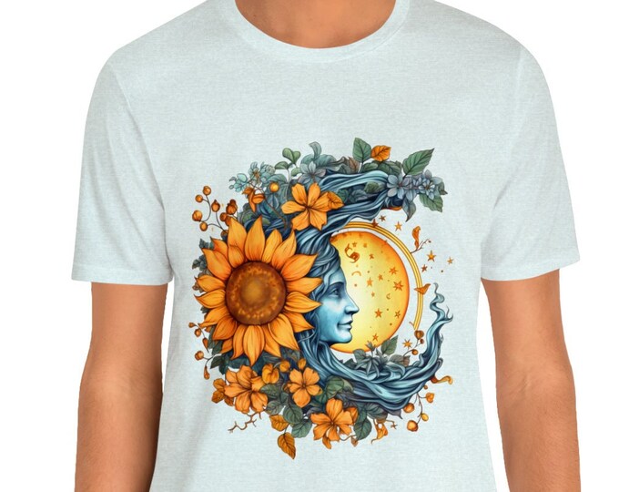 Unisex Jersey Short Sleeve Tee, Boho Celestial Sun Moon Floral T Shirt, Bohemian Apparel, Unisex Bella Canvas 3001 Cotton Tee, S-3XL Sizes