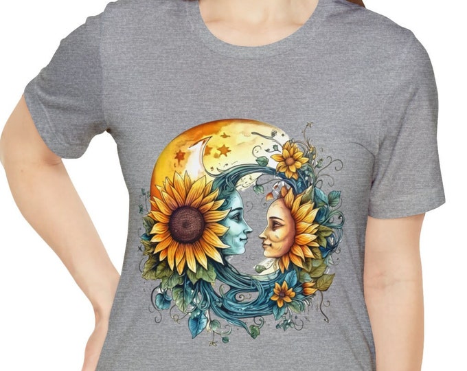 Unisex Jersey Short Sleeve Tee, Boho Celestial Sun Moon Floral T Shirt, Bohemian Apparel, Unisex Bella Canvas 3001 Cotton Tee, S-3XL Sizes