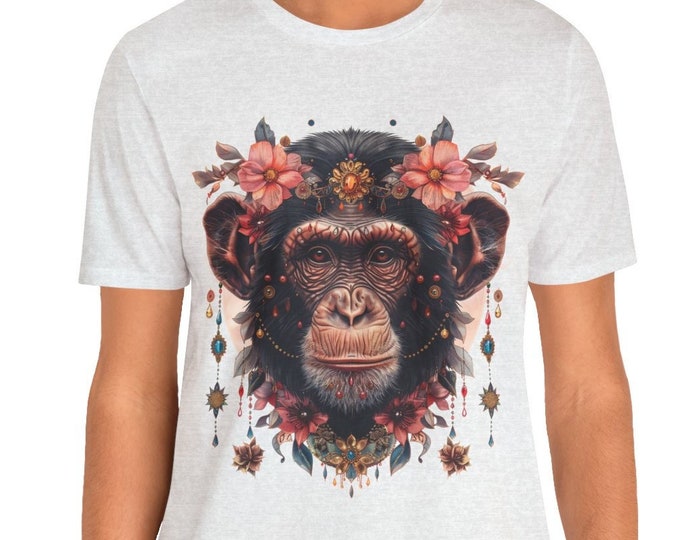 Unisex Jersey Short Sleeve Tee, Boho Hippie Witchy Monkey Floral T Shirt, Bohemian Apparel, Unisex Bella Canvas 3001 Cotton Tee, S-3XL Sizes