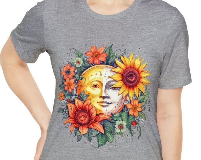 Unisex Jersey Short Sleeve Tee, Boho Celestial Sun Moon Floral T Shirt, Bohemian Apparel, Unisex Bella Canvas 3001 Cotton Tee, S-3XL Sizes