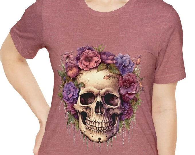 Unisex Jersey Short Sleeve Tee, Boho Hippie Floral Skull T Shirt, Bohemian Apparel, Unisex Bella Canvas 3001 Cotton Tee, S-3XL Sizes