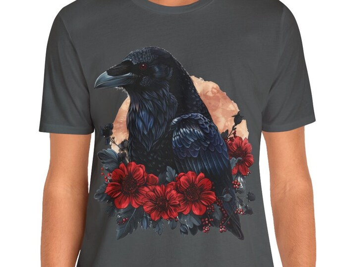 Unisex Jersey Short Sleeve Tee, Boho Hippie Witchy Raven Floral T Shirt, Bohemian Apparel, Unisex Bella Canvas 3001 Cotton Tee, S-3XL Sizes