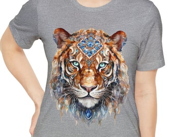 Unisex Jersey Short Sleeve Tee, Boho Bejeweled Tiger Tee Shirt, Bohemian Apparel, Unisex Cotton Tee, S-3XL Sizes, Crystal Tiger Animal Tee