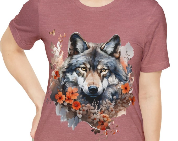 Unisex Jersey Short Sleeve Tee, Boho Floral Grey Wolf Tee Shirt, Bohemian Apparel, Unisex Cotton Tee, S-3XL Sizes, Floral Wolf Shirt