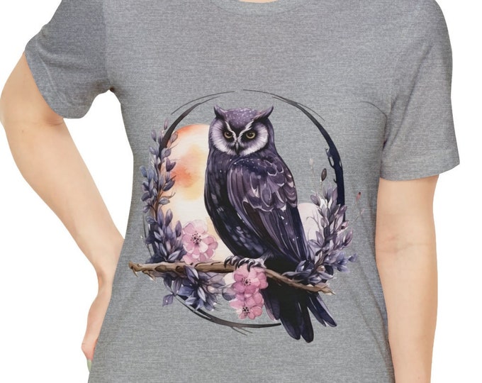 Unisex Jersey Short Sleeve Tee, Boho Black Owl Tee Shirt, Bohemian Apparel, Unisex Cotton Tee, S-3XL Sizes, Crescent Moon Floral Owl Shirt