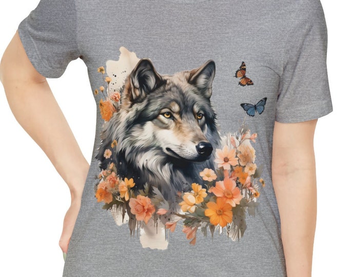 Unisex Jersey Short Sleeve Tee, Boho Floral Grey Wolf Tee Shirt, Bohemian Apparel, Unisex Cotton Tee, S-3XL Sizes, Floral Wolf Shirt