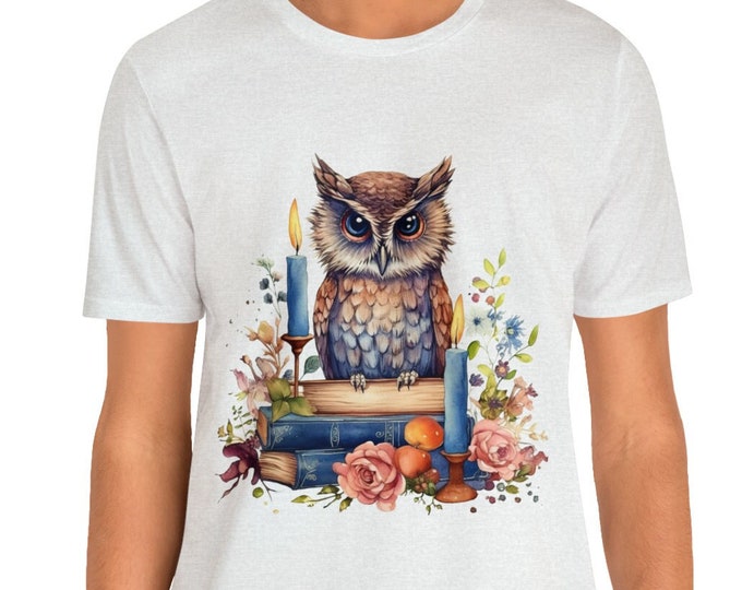 Unisex Jersey Short Sleeve Tee, Boho Hippie Owl Books Floral T Shirt, Bohemian Apparel, Unisex Bella Canvas 3001 Cotton Tee, S-3XL Sizes